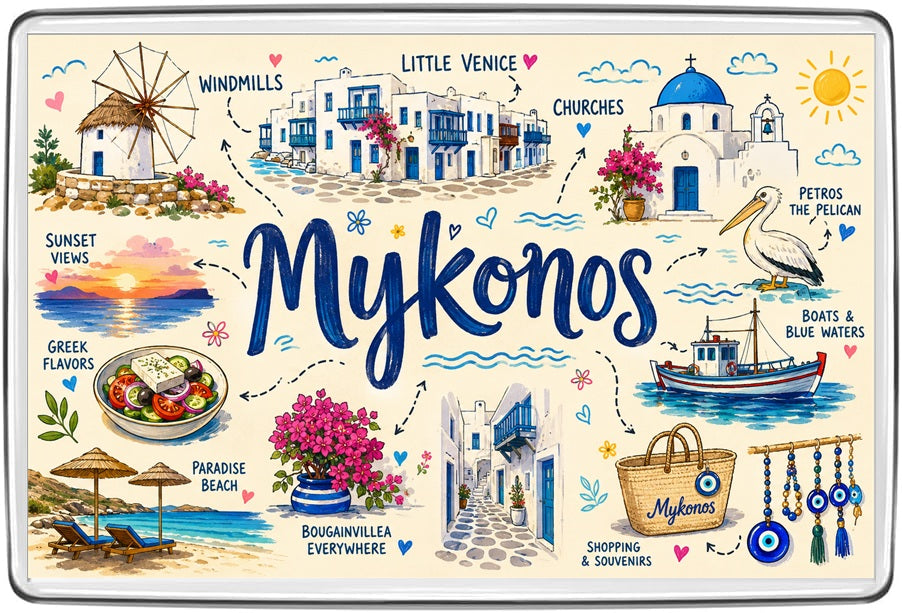 Illustrated Mykonos fridge magnet with windmills, Little Venice, blue-domed church, Greek fishing boat, pelican, beaches and bougainvillea