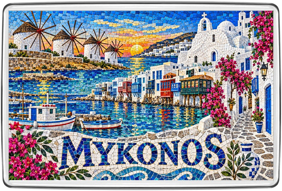 Mykonos Greece mosaic fridge magnet with white windmills, Little Venice houses and blue Aegean sea