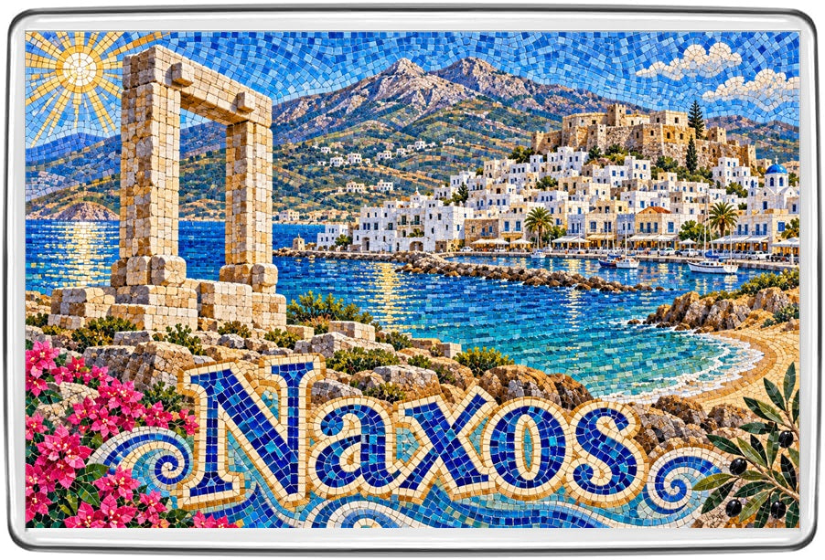 Naxos Greece mosaic fridge magnet with Portara marble gateway, whitewashed island town and turquoise harbour