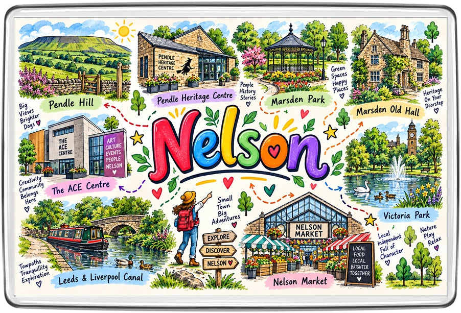 Nelson Lancashire illustrated map featuring Pendle Hill, Marsden Park, Nelson Market, the ACE Centre, the Leeds and Liverpool Canal and Pendle heritage