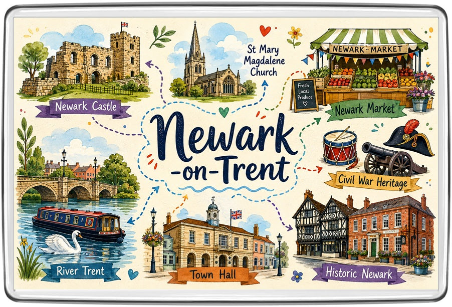 Newark-on-Trent illustrated map fridge magnet featuring colourful local landmarks, scenery and heritage