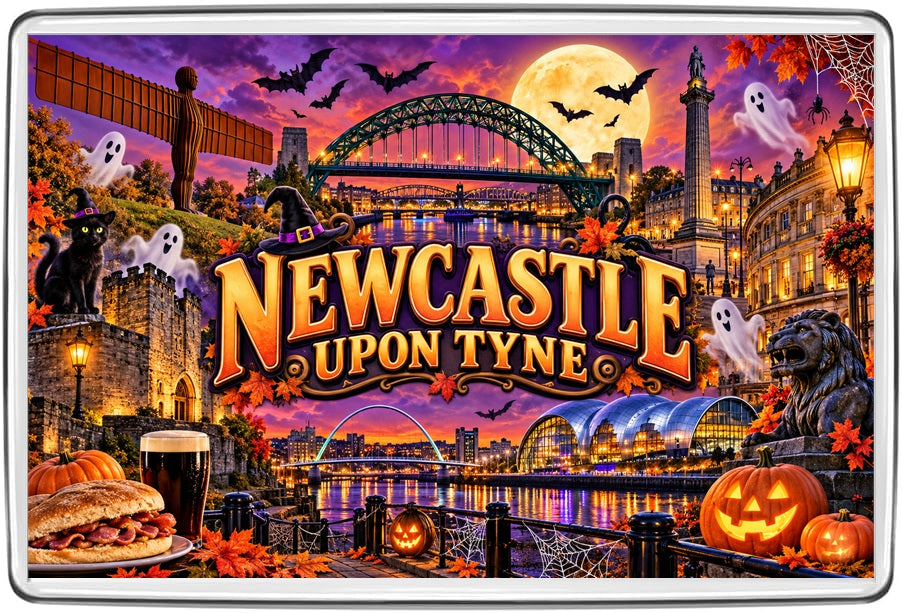 Newcastle upon Tyne Halloween fridge magnet with Angel of the North, Tyne Bridge, Grey's Monument, pumpkins and ghosts