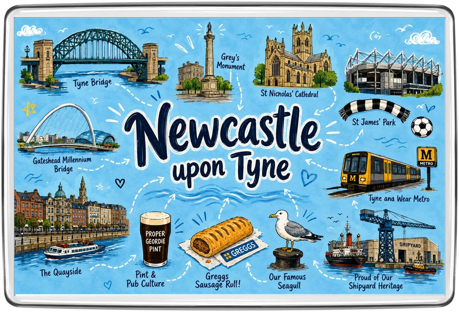 Newcastle upon Tyne illustrated map fridge magnet featuring colourful local landmarks, scenery and heritage