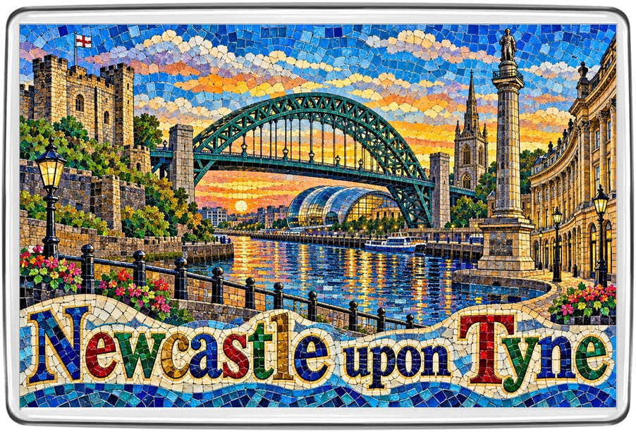 Newcastle upon Tyne mosaic fridge magnet showing Tyne Bridge, Newcastle Castle, Grey's Monument and quayside