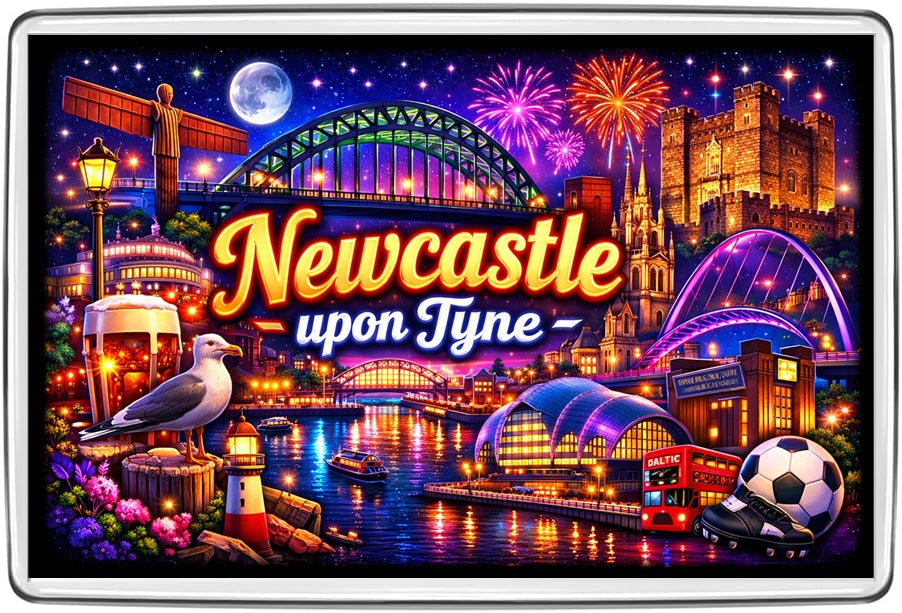 Newcastle upon Tyne neon souvenir magnet with Tyne Bridge, Millennium Bridge, Angel of the North and Quayside