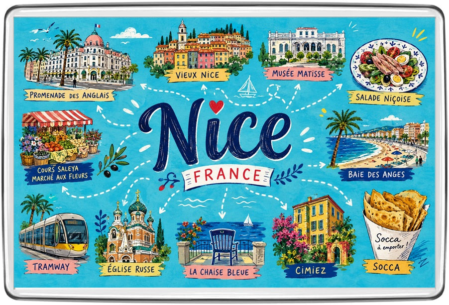 Nice France illustrated map fridge magnet with Promenade des Anglais, Baie des Anges, Vieux Nice, Matisse Museum and socca