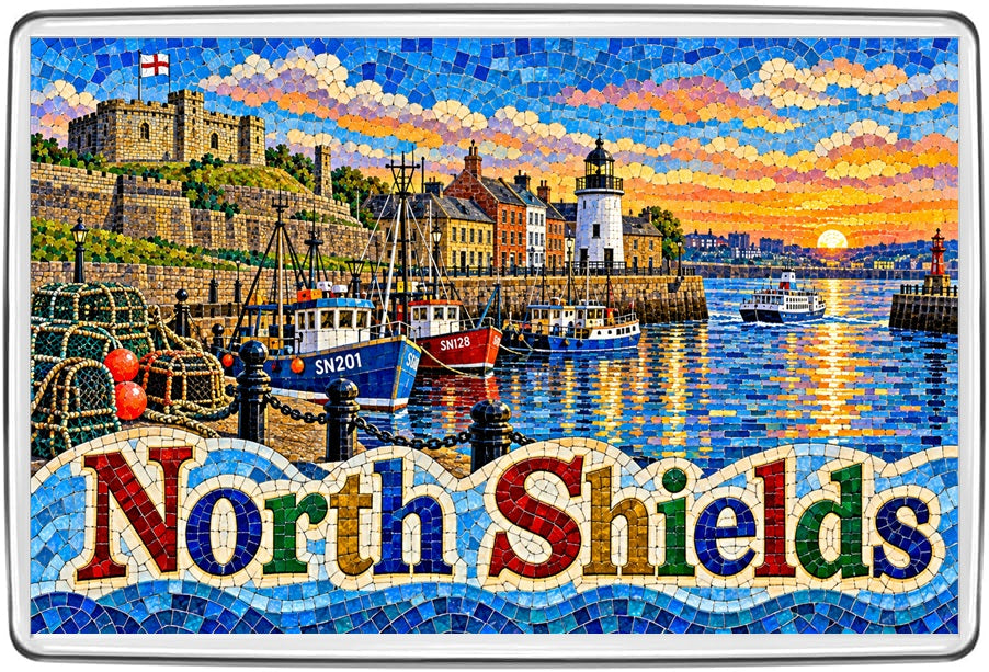 North Shields mosaic fridge magnet artwork, colourful travel souvenir