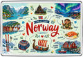 Norway illustrated souvenir fridge magnet with fjords, Bergen Bryggen, stave church, Northern Lights, Viking longship, trolls, skiing, salmon and cabins
