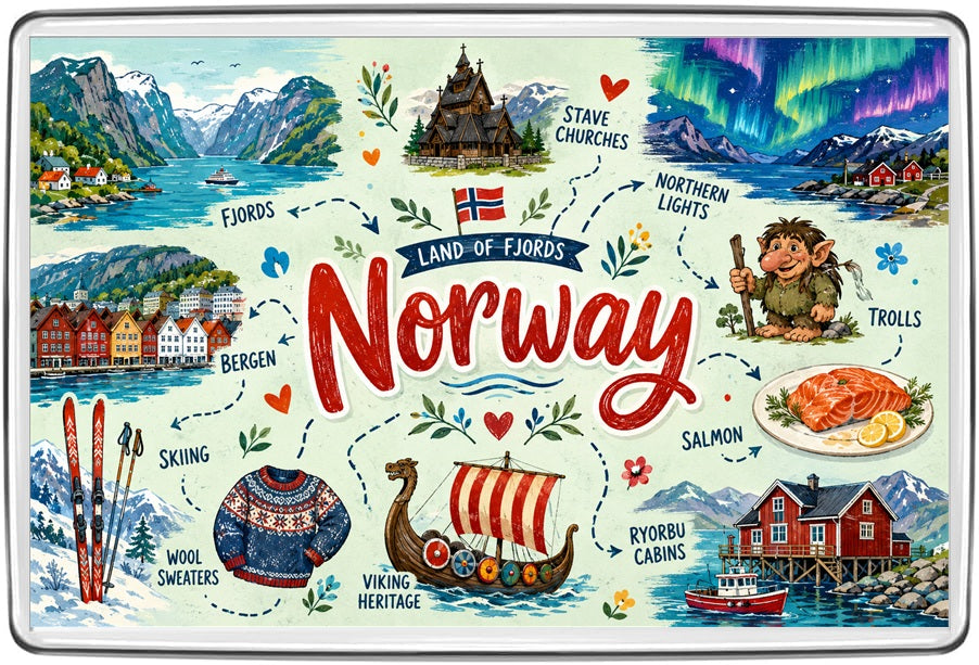 Norway illustrated souvenir fridge magnet with fjords, Bergen Bryggen, stave church, Northern Lights, Viking longship, trolls, skiing, salmon and cabins