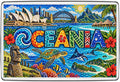 Oceania mosaic fridge magnet featuring Sydney Opera House, Pacific islands, coral reef and sea turtle