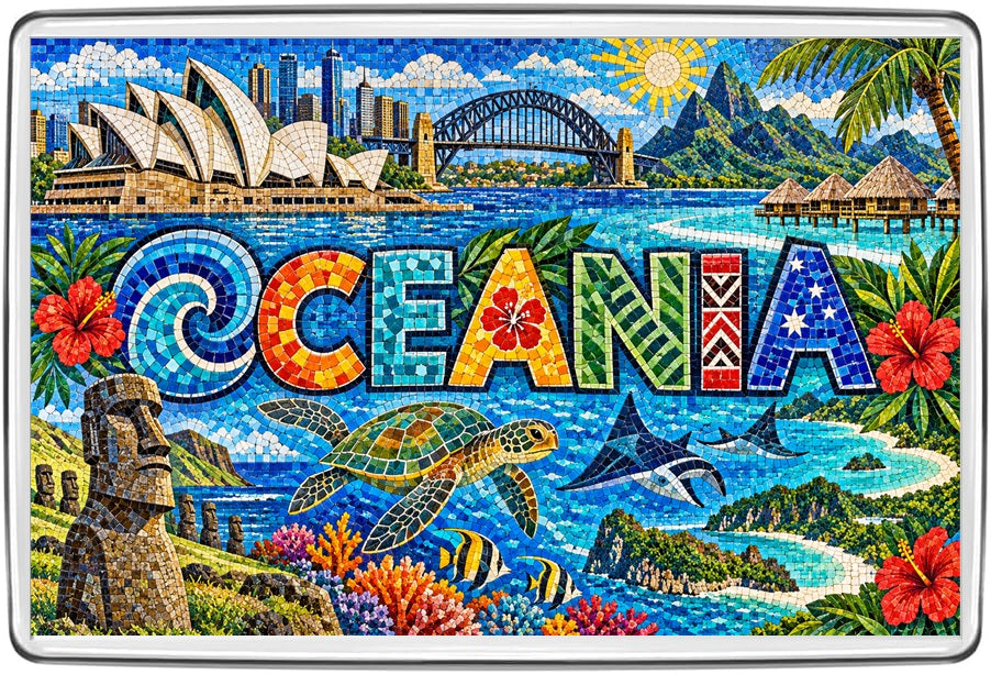 Oceania mosaic fridge magnet featuring Sydney Opera House, Pacific islands, coral reef and sea turtle