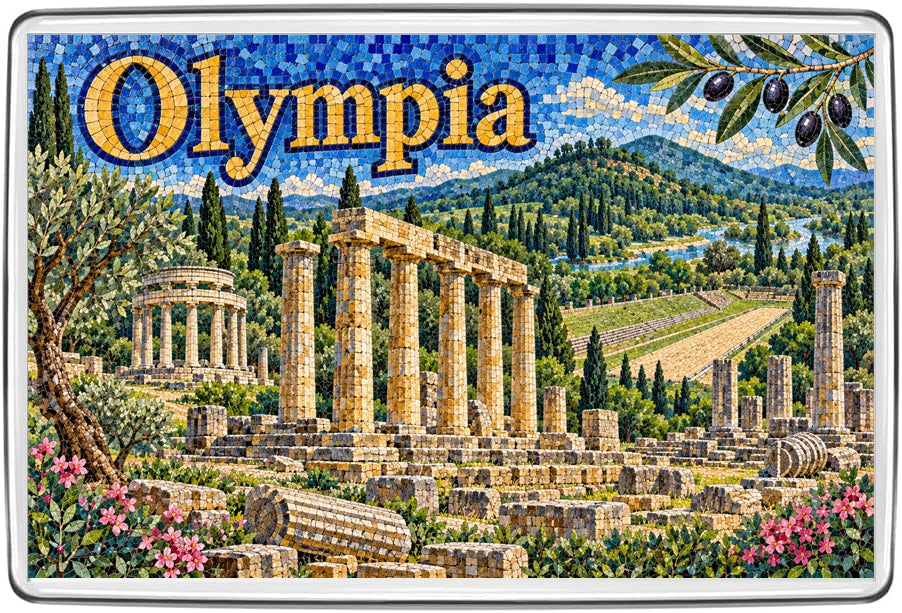 Olympia Greece mosaic fridge magnet showing ancient temple columns, ruins, cypress trees and olive groves