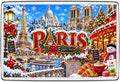 Paris Christmas collage magnet with Eiffel Tower, Sacre-Coeur, Notre-Dame, Seine, cafe, snowman and pastries
