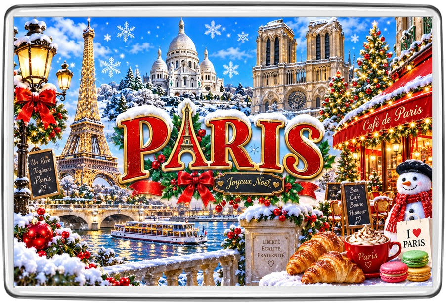 Paris Christmas collage magnet with Eiffel Tower, Sacre-Coeur, Notre-Dame, Seine, cafe, snowman and pastries