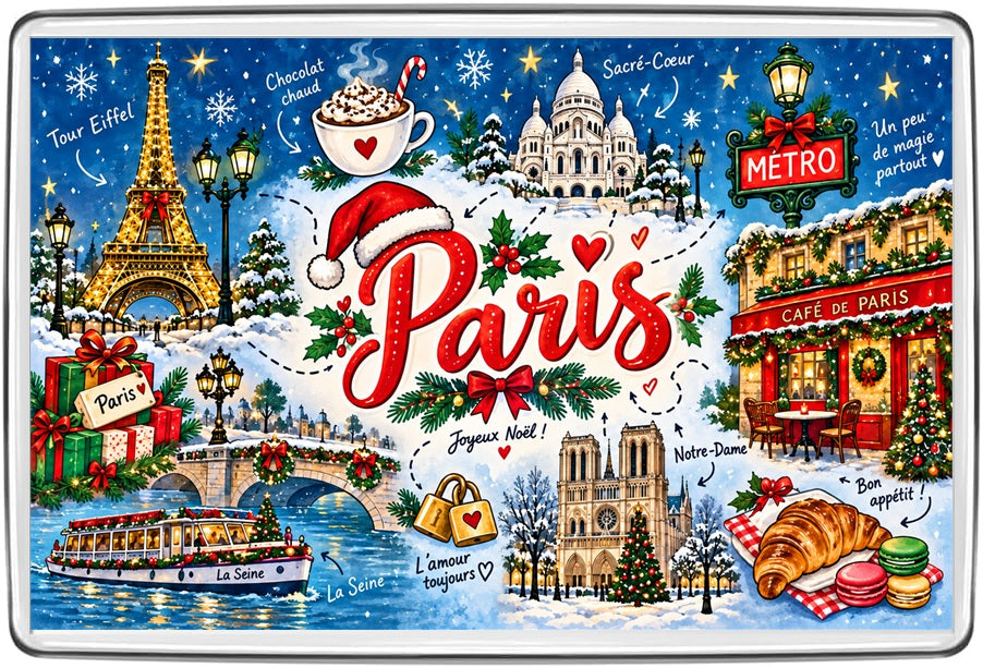 Paris Christmas illustrated map magnet with Eiffel Tower, Sacré-Cœur, Notre-Dame, River Seine, café and pastries