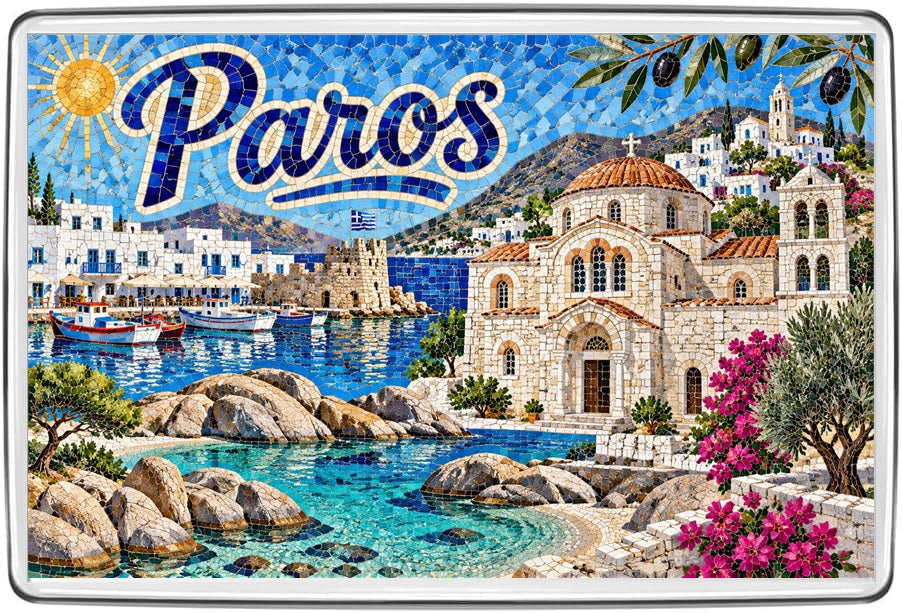 Paros Greece mosaic fridge magnet featuring a whitewashed harbour, boats, Greek church and turquoise coastal waters