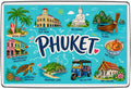 Phuket Thailand illustrated map fridge magnet featuring Patong Beach, Big Buddha, old town, Wat Chalong and tuk-tuk