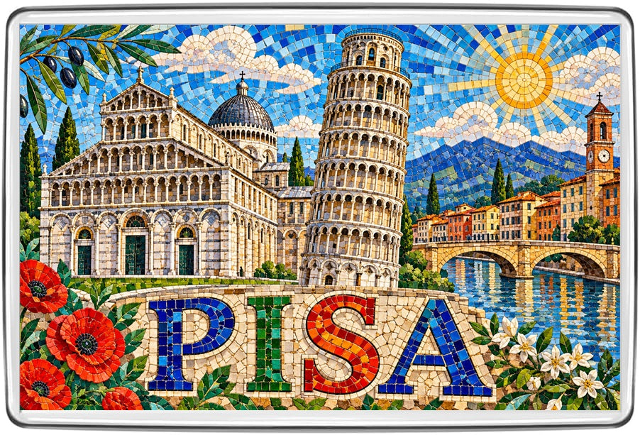 Pisa Italy mosaic fridge magnet with Leaning Tower and Pisa Cathedral