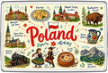 Poland illustrated map fridge magnet with Warsaw Old Town, pierogi, Kraków Wawel Castle, Białowieża bison, Jasna Góra monastery and Tatra Mountains