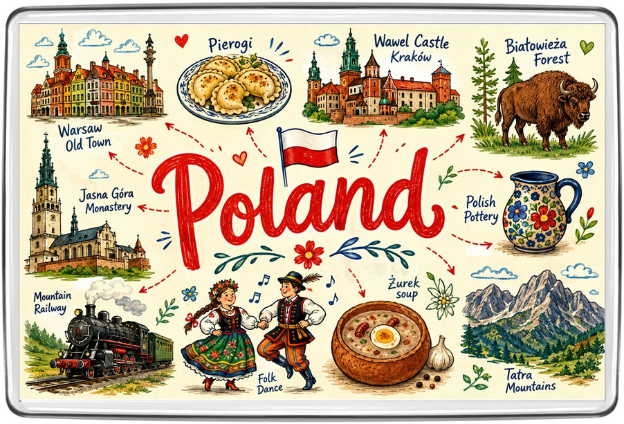Poland illustrated map fridge magnet with Warsaw Old Town, pierogi, Kraków Wawel Castle, Białowieża bison, Jasna Góra monastery and Tatra Mountains