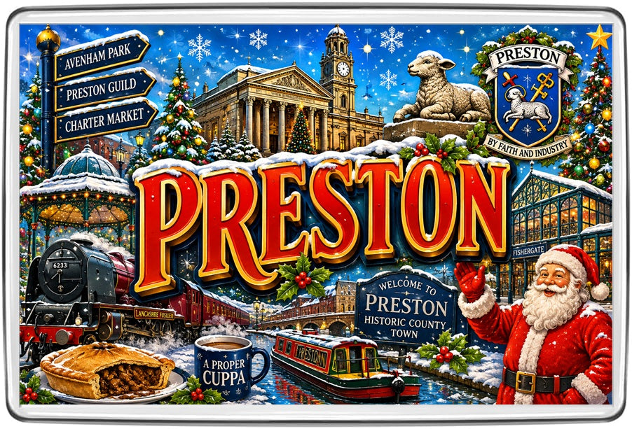 Preston Christmas Fridge Magnet – Festive Lancashire Town Souvenir Gift design