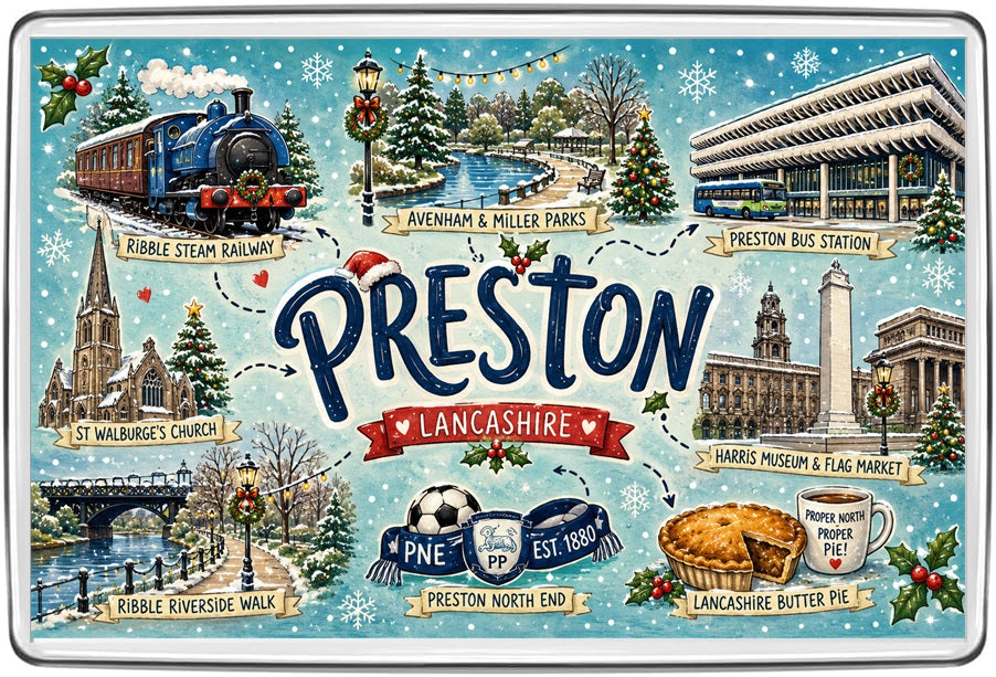 Preston Christmas Map Fridge Magnet – Festive Lancashire Landmarks Gift design
