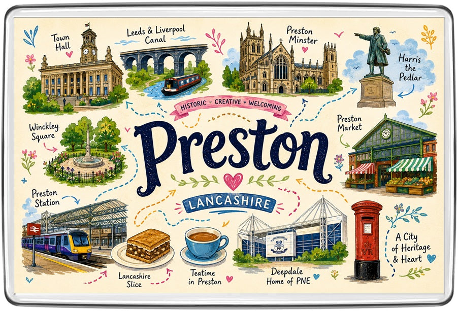 Preston Lancashire illustrated map fridge magnet featuring Town Hall, Preston Minster, Market, Deepdale and Lancashire landmarks