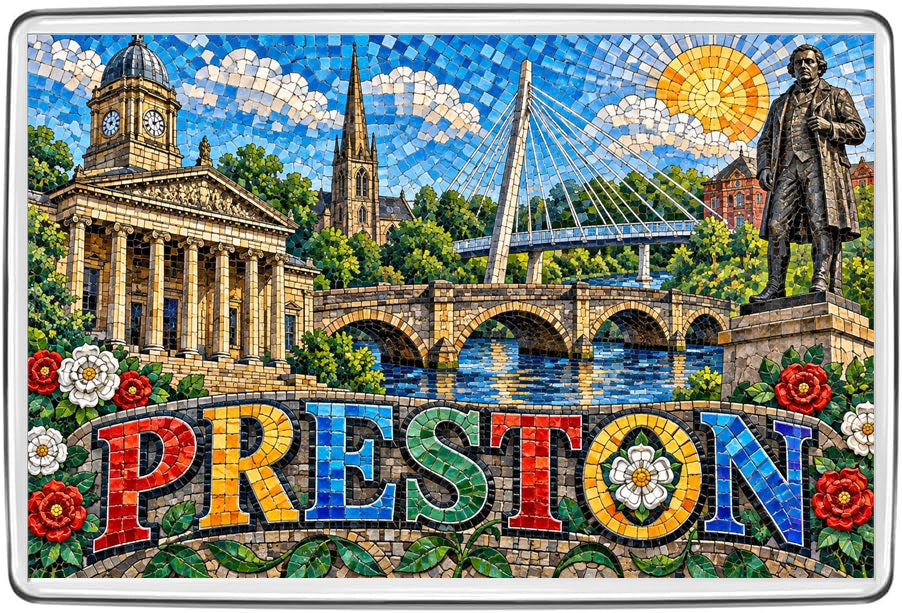 Preston Lancashire mosaic fridge magnet with Harris Museum, St Walburge's Church spire and red roses