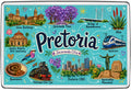 Pretoria South Africa illustrated map magnet with Union Buildings, jacaranda trees, Voortrekker Monument and Gautrain