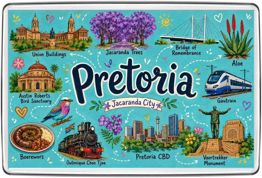 Pretoria South Africa illustrated map magnet with Union Buildings, jacaranda trees, Voortrekker Monument and Gautrain