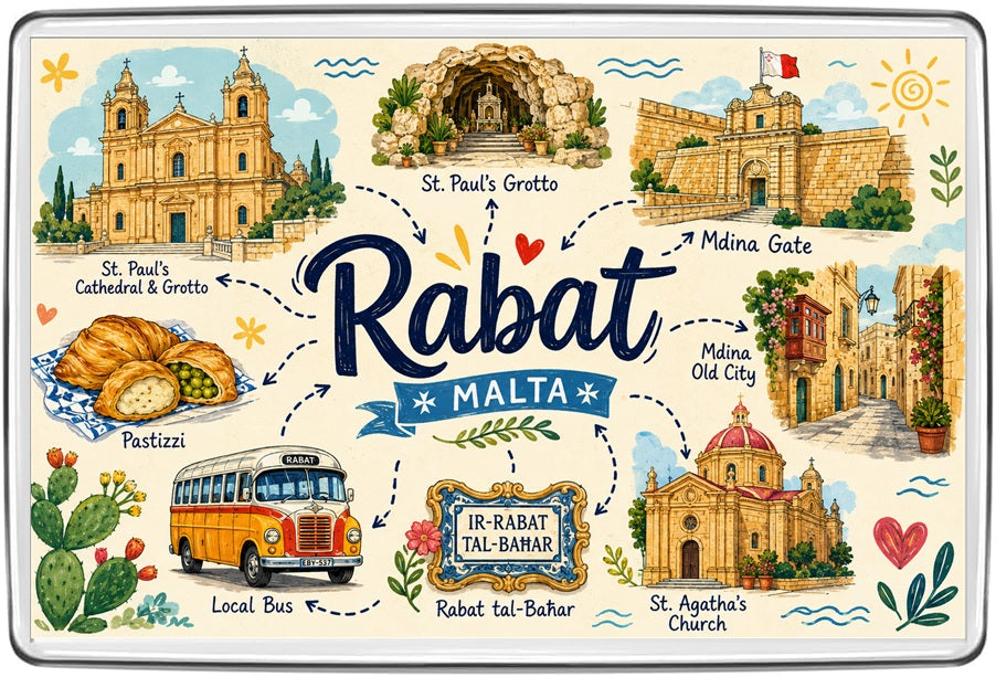 Rabat Malta illustrated map fridge magnet featuring St Paul's Grotto, Mdina Gate, Maltese churches, local bus and pastizzi