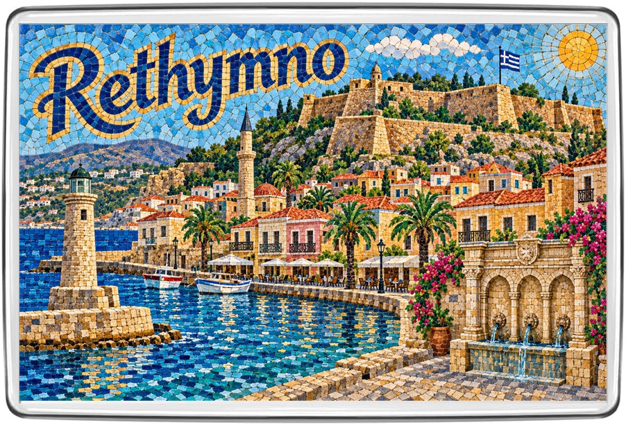 Rethymno Crete Greece mosaic fridge magnet with Venetian harbour, lighthouse, Fortezza and waterfront