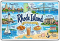 Rhode Island illustrated map with Providence, Newport Bridge, Beavertail Lighthouse, The Breakers and seafood