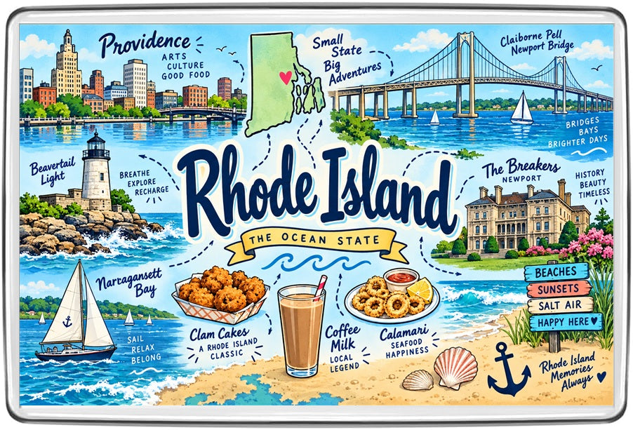 Rhode Island illustrated map with Providence, Newport Bridge, Beavertail Lighthouse, The Breakers and seafood
