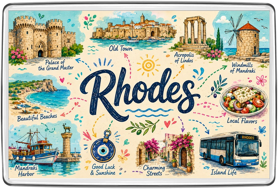 Rhodes Greece illustrated map travel fridge magnet with Lindos, medieval Old Town, harbour and windmills