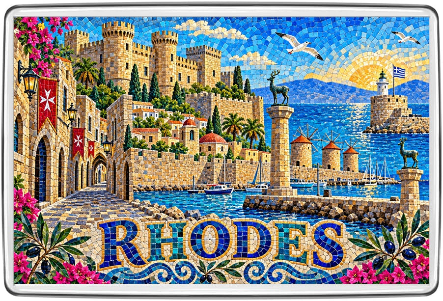 Rhodes Greek island mosaic fridge magnet with medieval old town and harbour