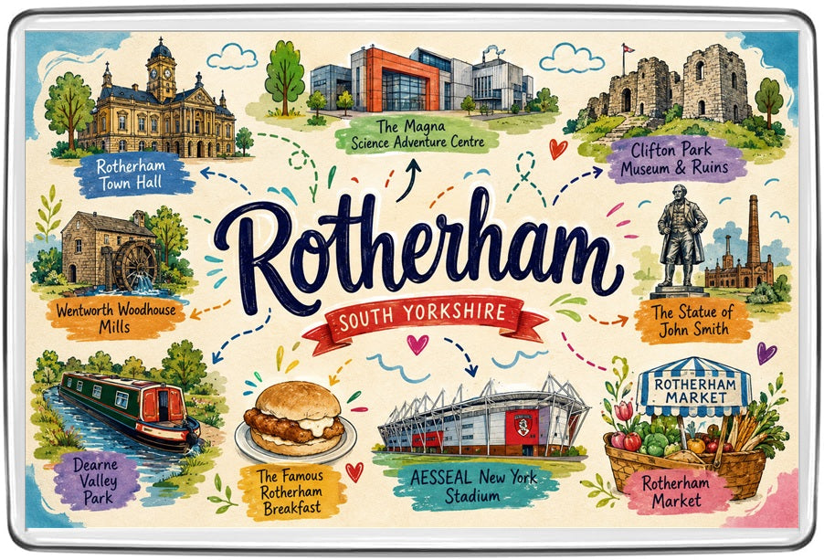 Rotherham illustrated map fridge magnet featuring the Town Hall, Clifton Park and local landmarks
