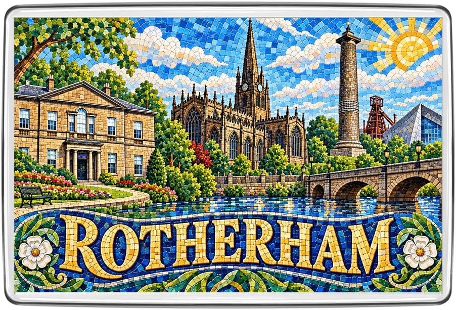 Rotherham South Yorkshire mosaic fridge magnet with Rotherham Minster industrial heritage and stone bridge