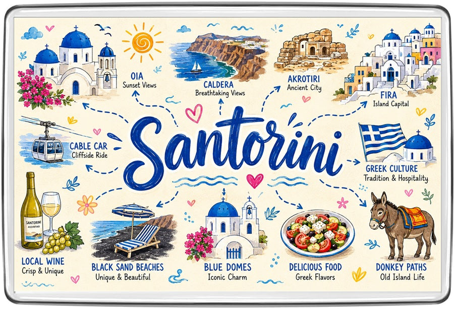 Santorini illustrated map magnet with Oia blue-domed churches, caldera cliffs, Fira and black sand beaches