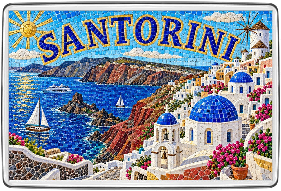 Santorini Greece mosaic souvenir fridge magnet with blue domes and caldera