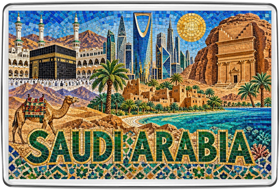 Saudi Arabia mosaic fridge magnet with Kaaba, Riyadh Kingdom Centre, Hegra tombs and camel