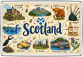 Cream Scotland illustrated map fridge magnet showing Edinburgh Castle, Highlands, Highland cow, Loch Ness, St Andrews and Portree