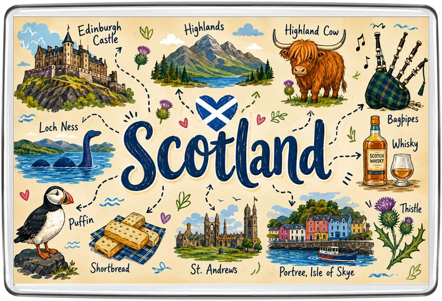 Cream Scotland illustrated map fridge magnet showing Edinburgh Castle, Highlands, Highland cow, Loch Ness, St Andrews and Portree