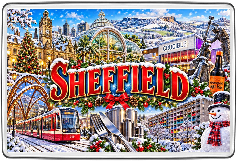 Sheffield Christmas fridge magnet with Sheffield Town Hall, Winter Garden, Crucible, tram, steel cutlery and Henderson's Relish