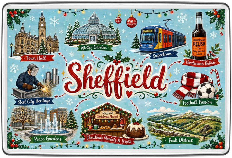 Sheffield Christmas illustrated map with Town Hall, Winter Garden, Supertram, Henderson's Relish, steelmaking and Peace Gardens