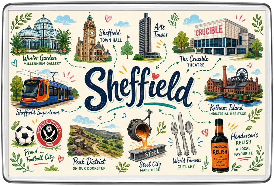 Sheffield illustrated map fridge magnet featuring colourful local attractions and landmarks