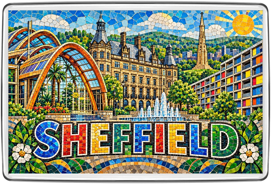 Sheffield South Yorkshire mosaic fridge magnet showing Winter Garden Town Hall and Peace Gardens fountains