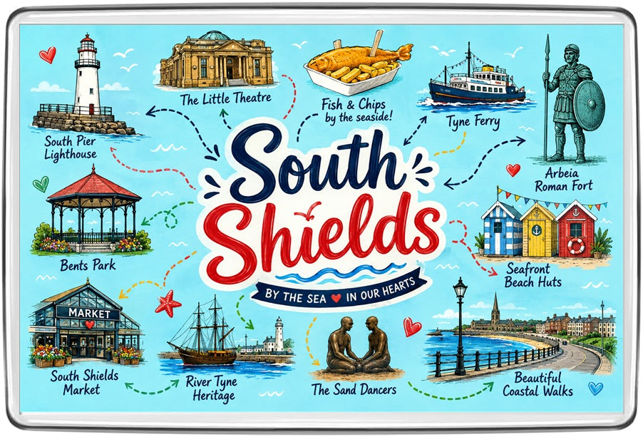 South Shields illustrated map fridge magnet featuring colourful local attractions and landmarks