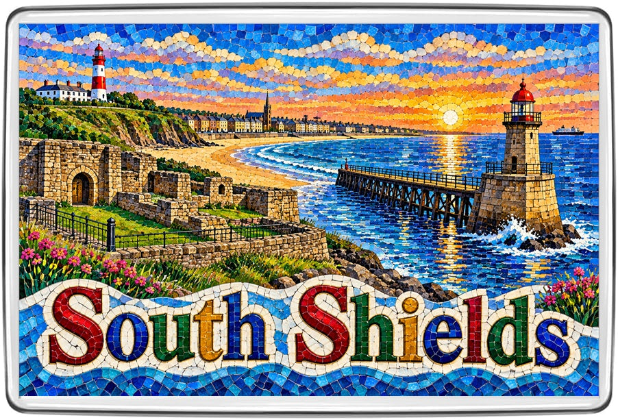 South Shields mosaic fridge magnet artwork, colourful travel souvenir