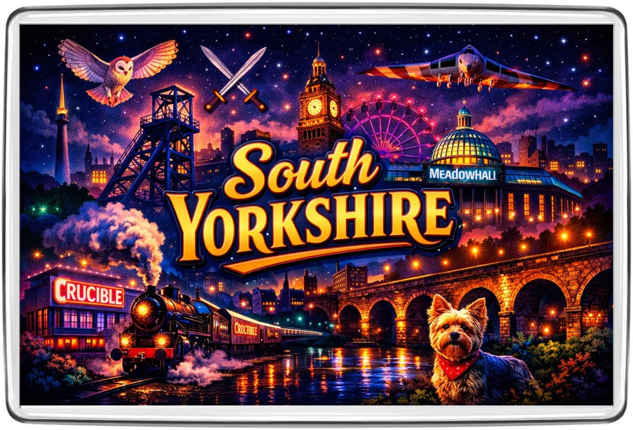 South Yorkshire neon mosaic fridge magnet featuring industrial scenes, Crucible Theatre, steam train and Yorkshire terrier